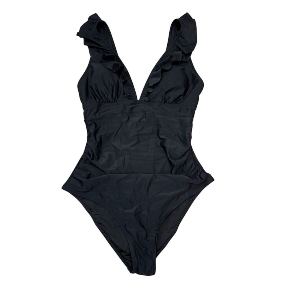 NWT Cupshe Summer Seaside Ruffled Ruched Plunge Gathered Black One Piece L